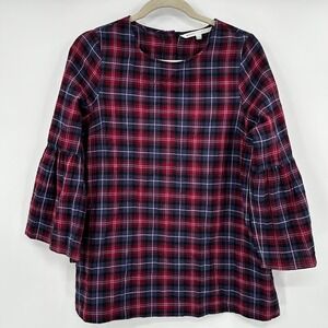 The Nines by Hatch Red Blue Plaid‎ Bell Sleeve Button Back Tunic Top Medium